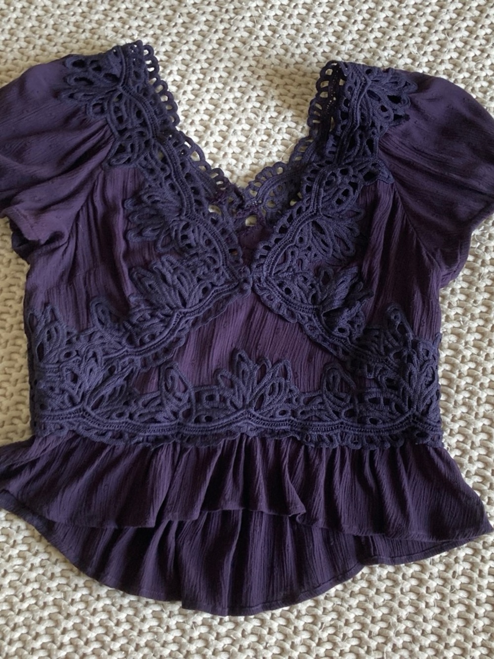 Free People Sweet Roses Crochet Lace Blouse Plum Lace-Trim Size Small